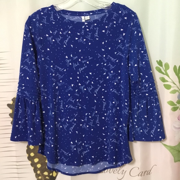 Pretty ELLE Royal Blue~Paris Theme Bell Sleeve Women’s Blouse~Size Small - Picture 1 of 9